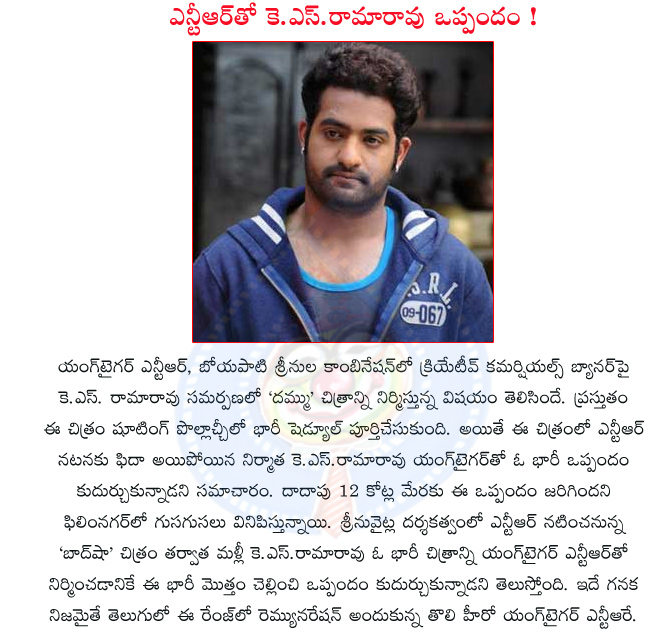 badshah movie,ntr new movie,badshah,ntr with boyapati srinu,creative comercial banners,badshah movie shooting details,boyapati srinu new movie,producer ks rama rao,badshah movie details,dammu movie,ntr remunaration,dammu movie cast and crew  badshah movie, ntr new movie, badshah, ntr with boyapati srinu, creative comercial banners, badshah movie shooting details, boyapati srinu new movie, producer ks rama rao, badshah movie details, dammu movie, ntr remunaration, dammu movie cast and crew